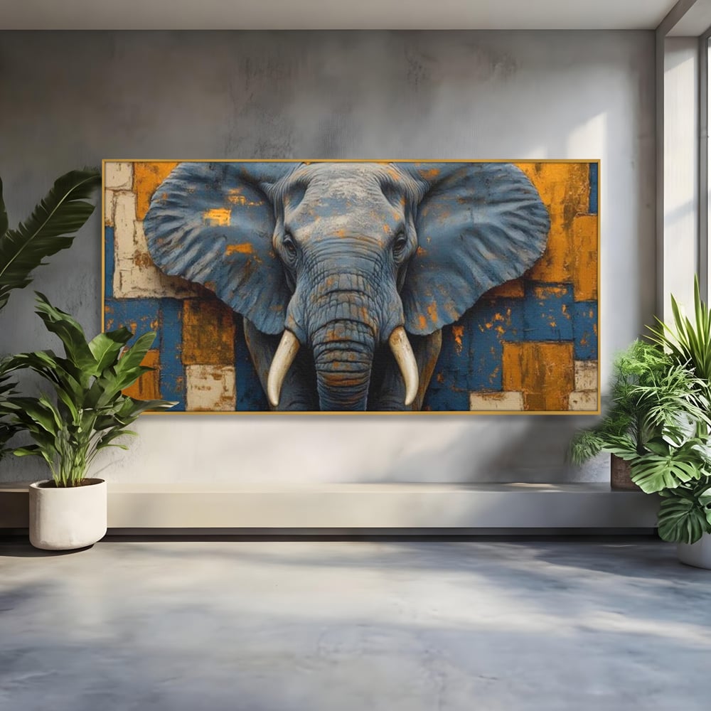 Tablou canvas cu tablou canvas cu cap de elefant, in rama de aluminiu auriu